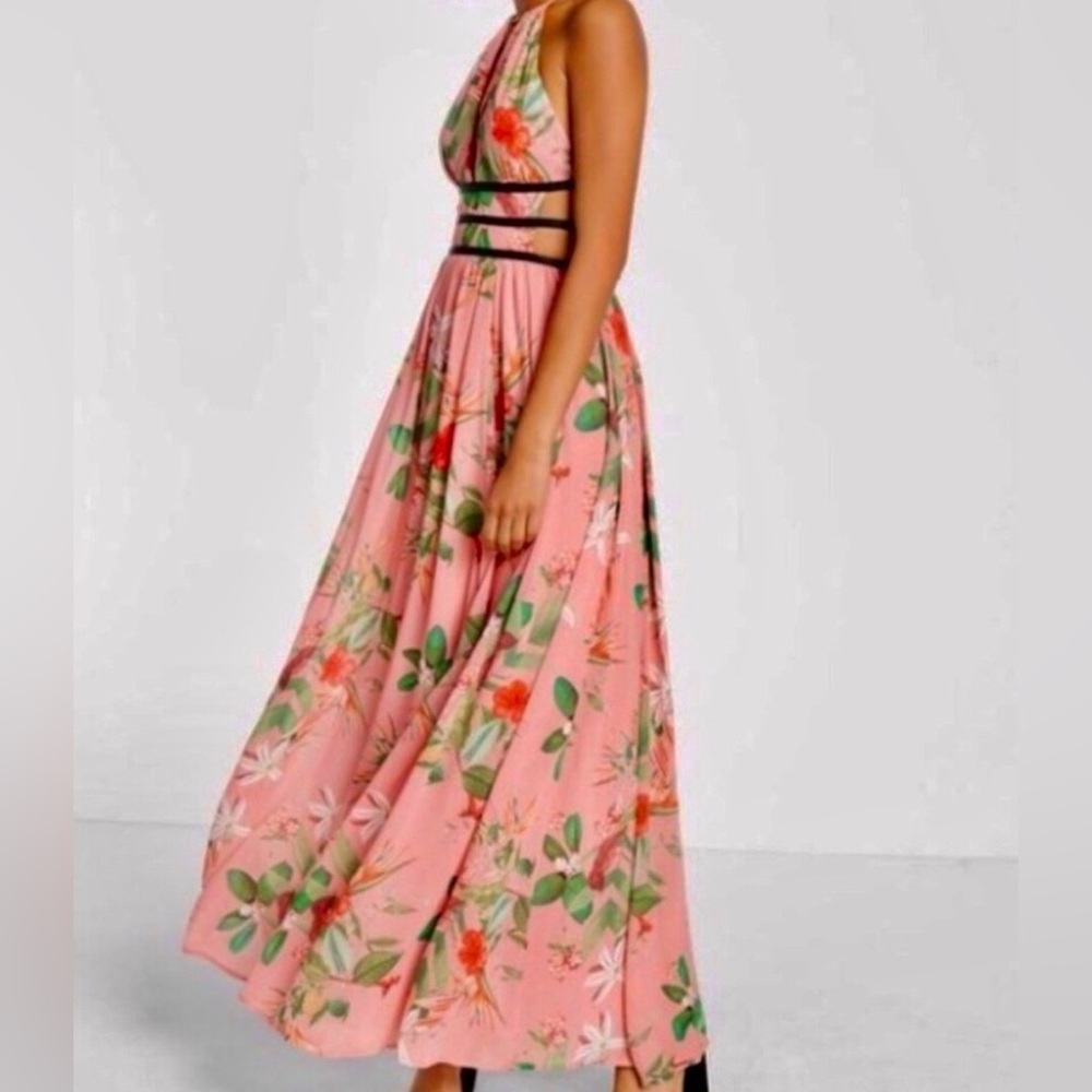 Express Pink Tropical Floral Print Maxi Dress with Cut-out Sides Size XXS
